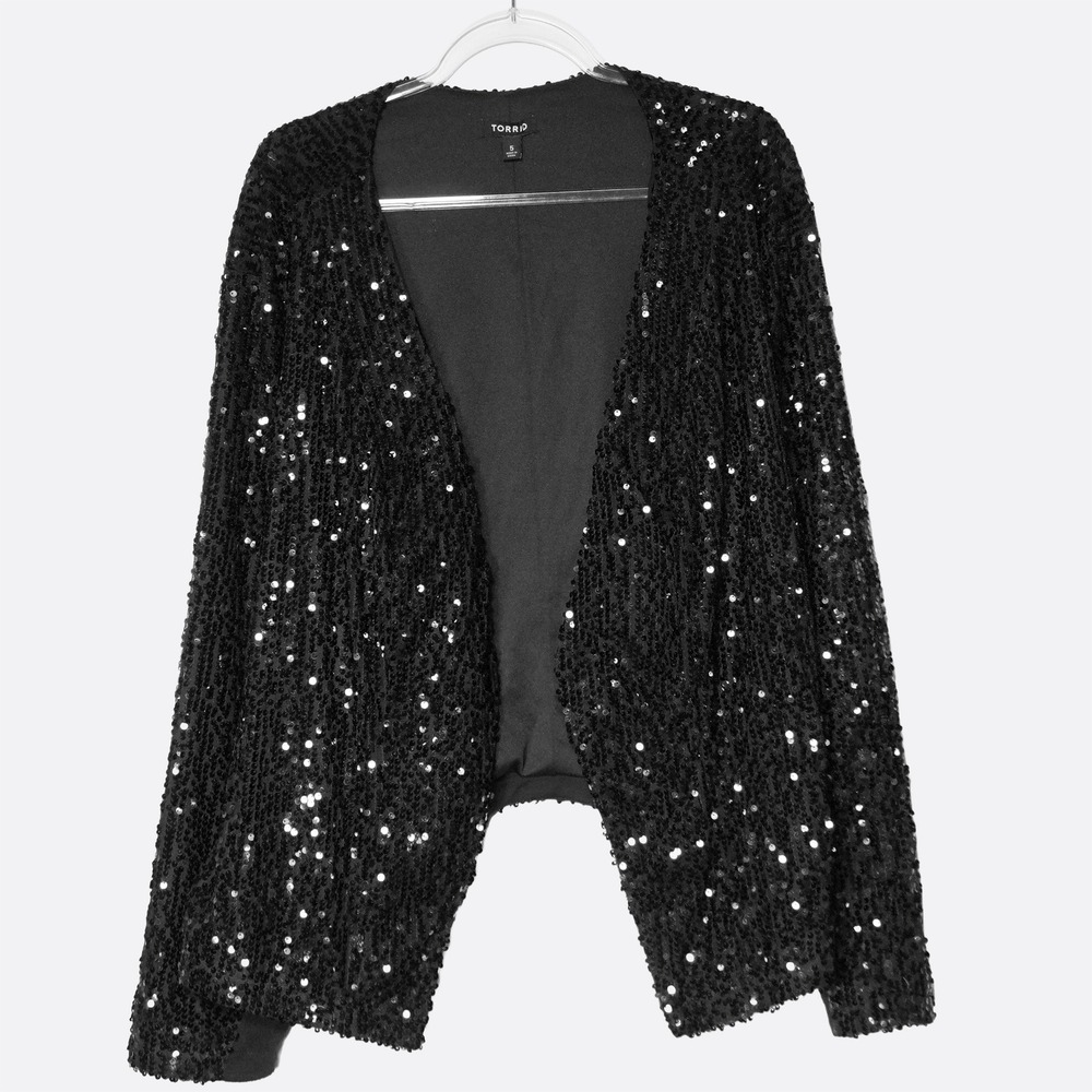 Torrid Black Sequin Cardigan 3X 4X Open Front Sparkle Shimmer Jacket Party Glam - Picture 2 of 9